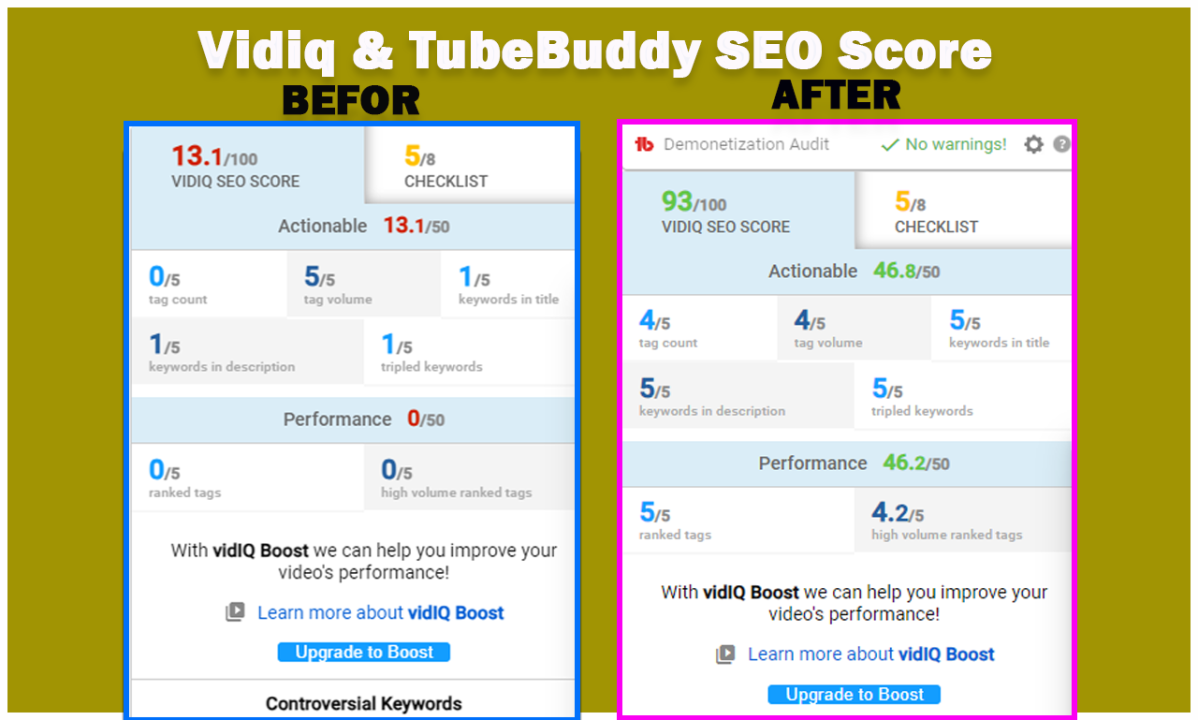 YouTube Channel Explosion - VidIQ & TubeBuddy SEO Score β Before vs After